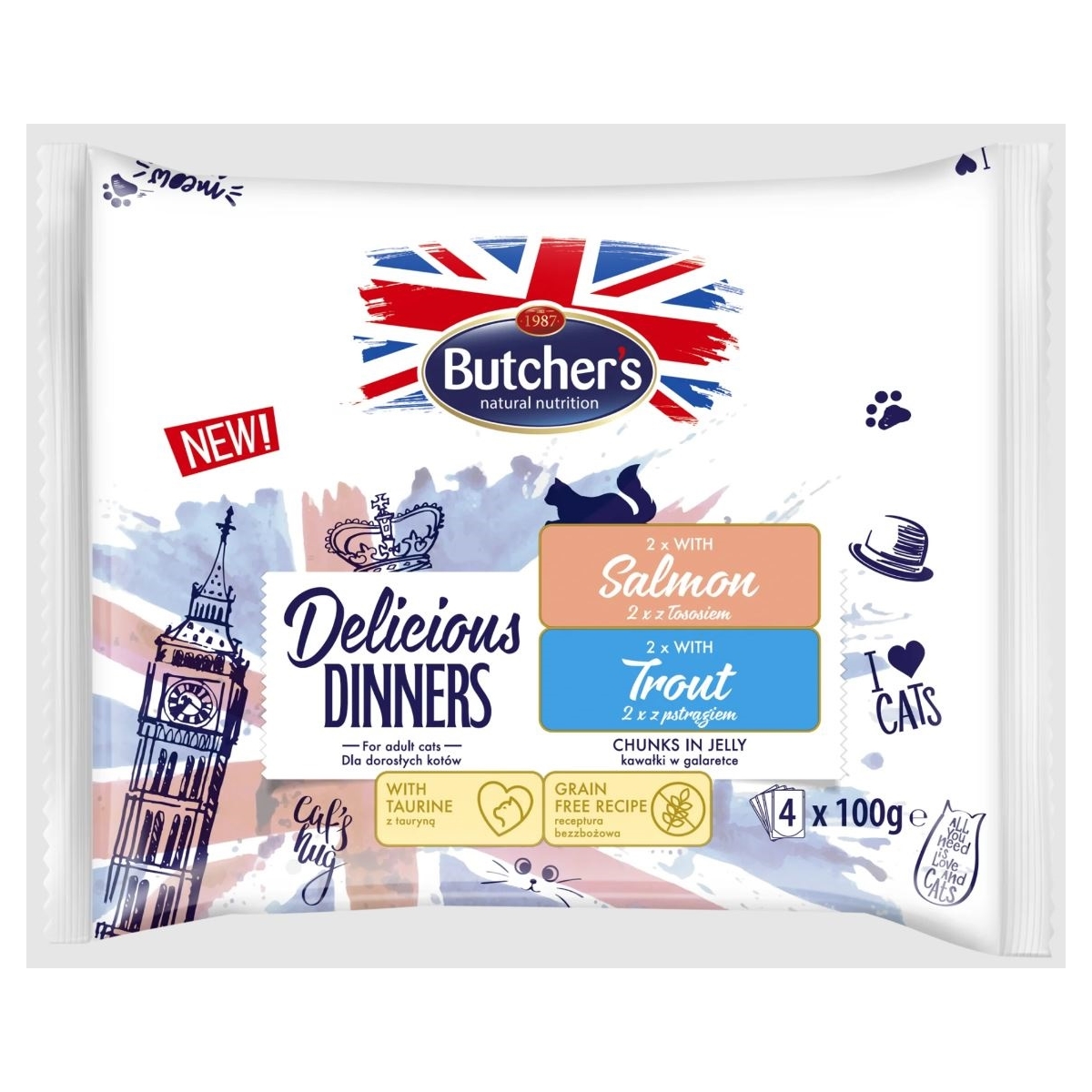 Butcher's Delicikonservų rinkinys katėms su lašiša ir upėtakiu, 4x100g - 