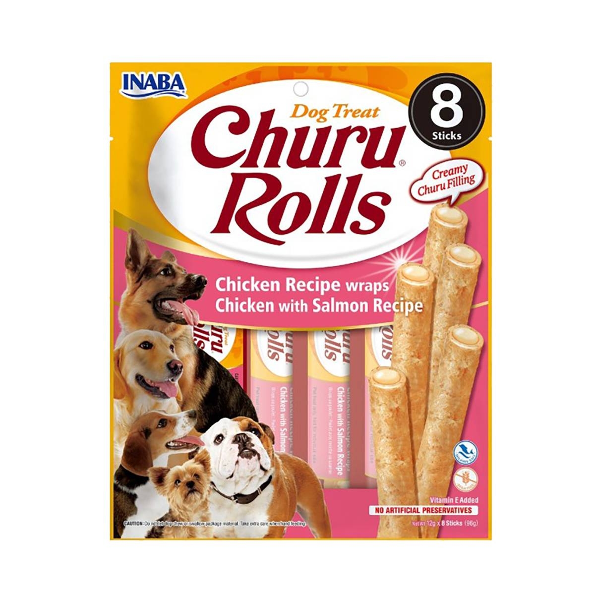 Churu Rolls skanėstai šunims, su vištiena ir lašiša, 8x12 g - 