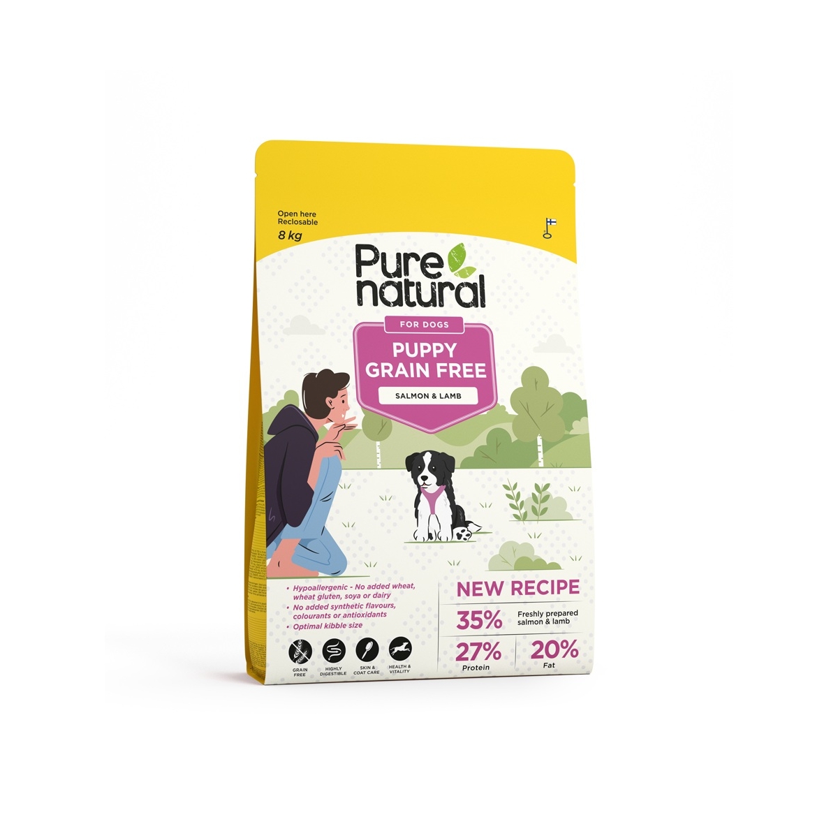 Purenatural begrūdis sausas maistas šuniukams su lašiša-ėriena, 8 kg - 