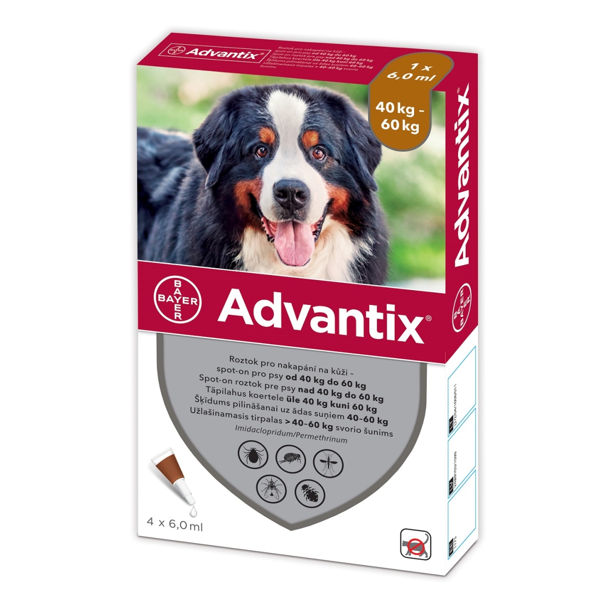 Advantix lašai nuo blusų ir erkių šunims 40-60kg, 4 vnt. - 