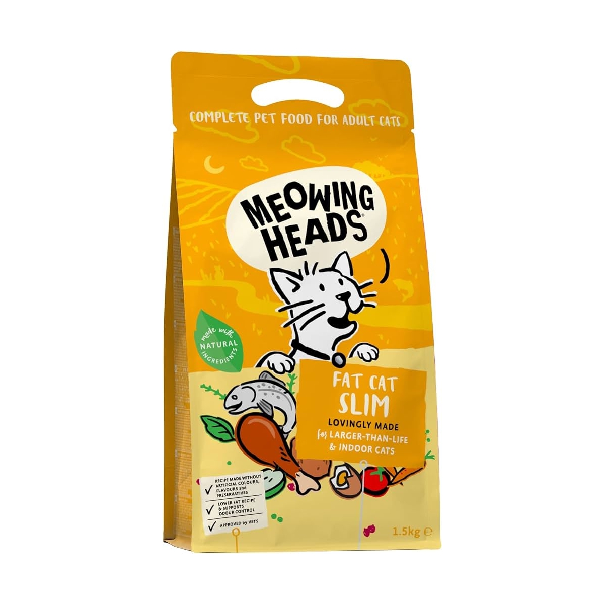 Meowing Heads Fat Cat Slim maistas katėms su lašiša ir vištiena, 1,5kg -  1