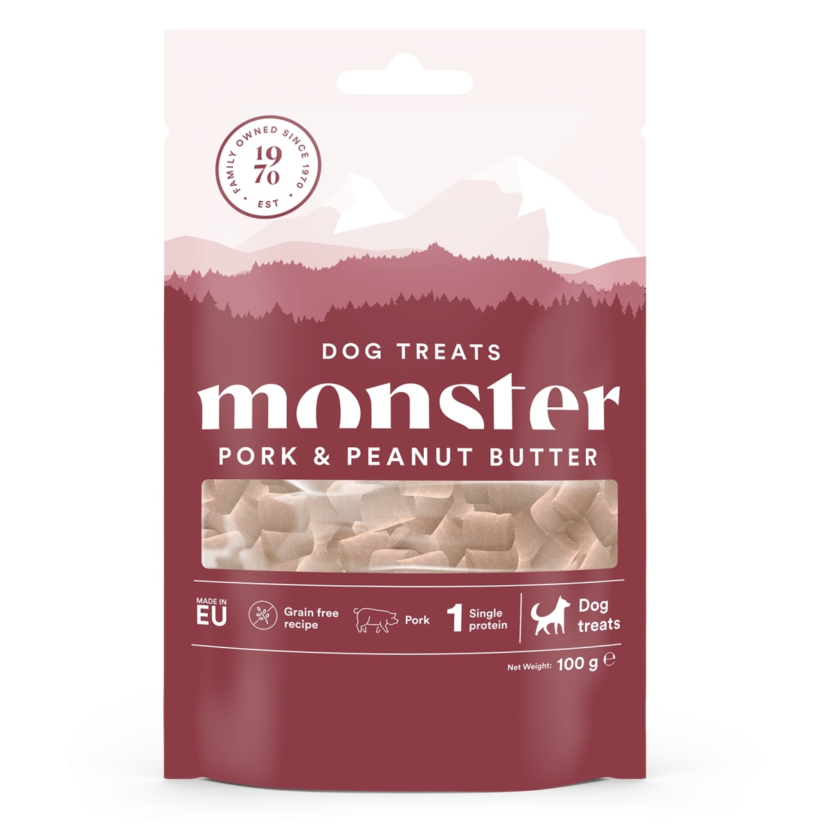 Monster Dog skanėstai šunims – su kiauliena ir riešutų sviestu, 100g - 