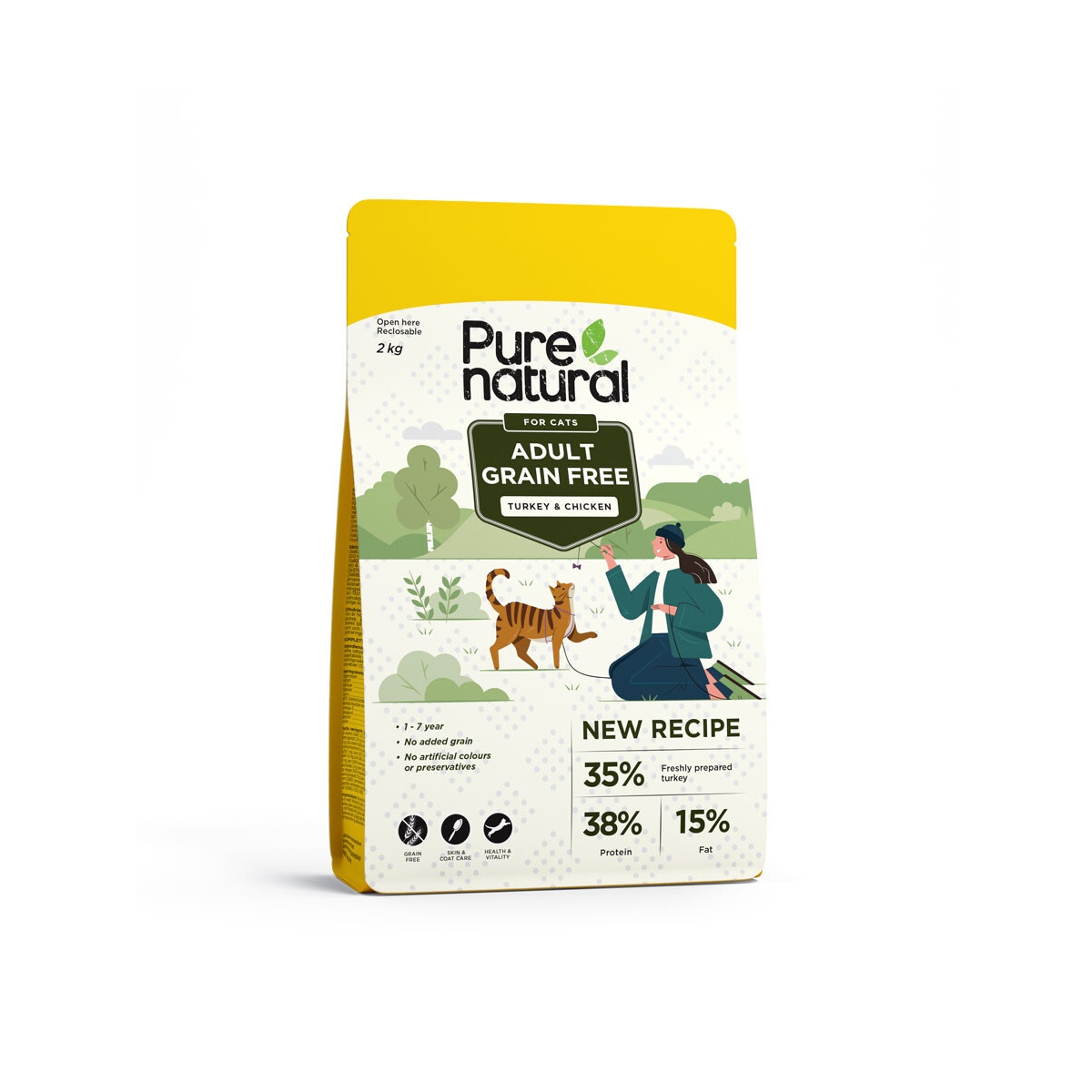 PURENATURAL GRAIN-FREE SAUSAS MAISTAS KATĖMS SU KALAKUTIENA IR VIŠTIENA, 2 KG - 