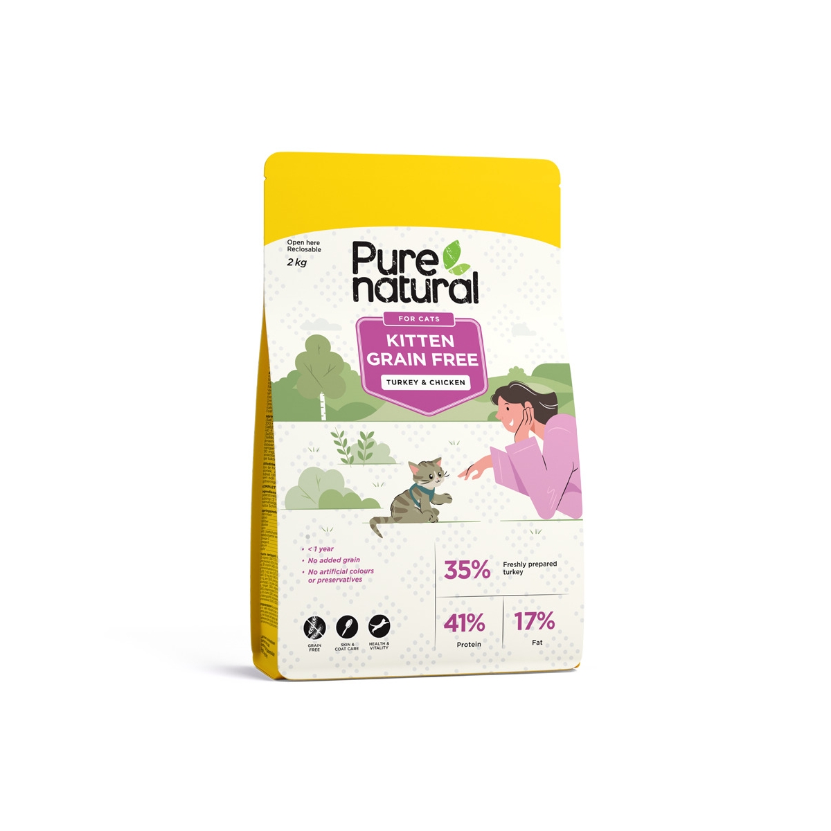 PURENATURAL GF KITTEN SAUSAS MAISTAS KAČIUKAMS SU VIŠTIENA/KALAKUTIENA, 2 KG - 