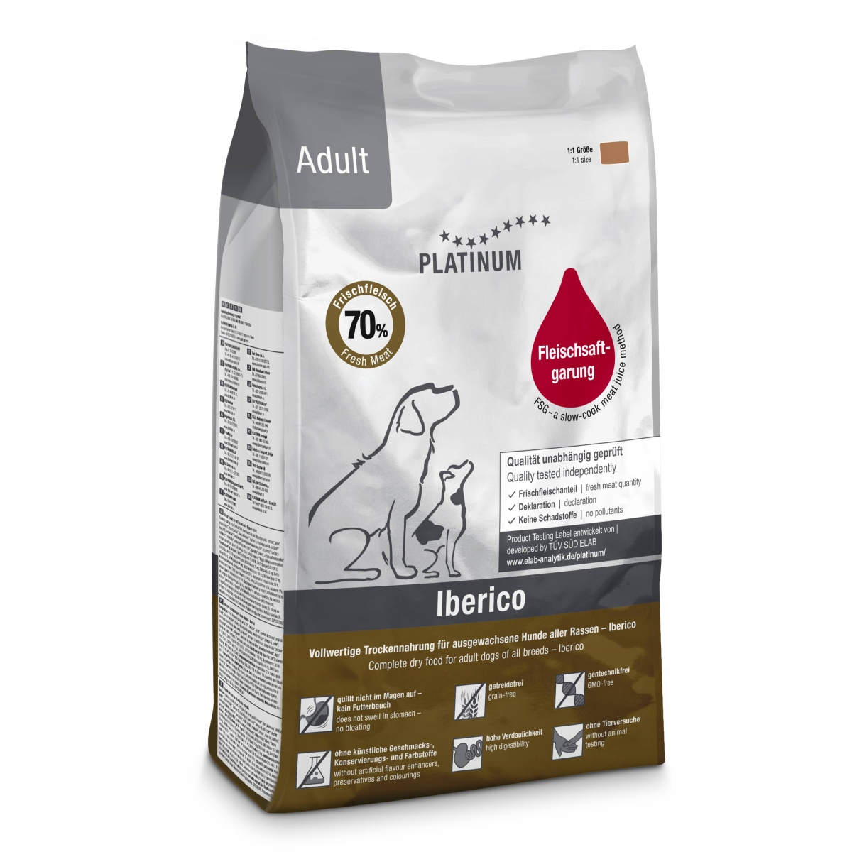 PLATINUM SAUSAS MAISTAS ŠUNIMS SU IBERIJOS KIAULIENA IR ŽALUMYNAIS 1,5 KG - 