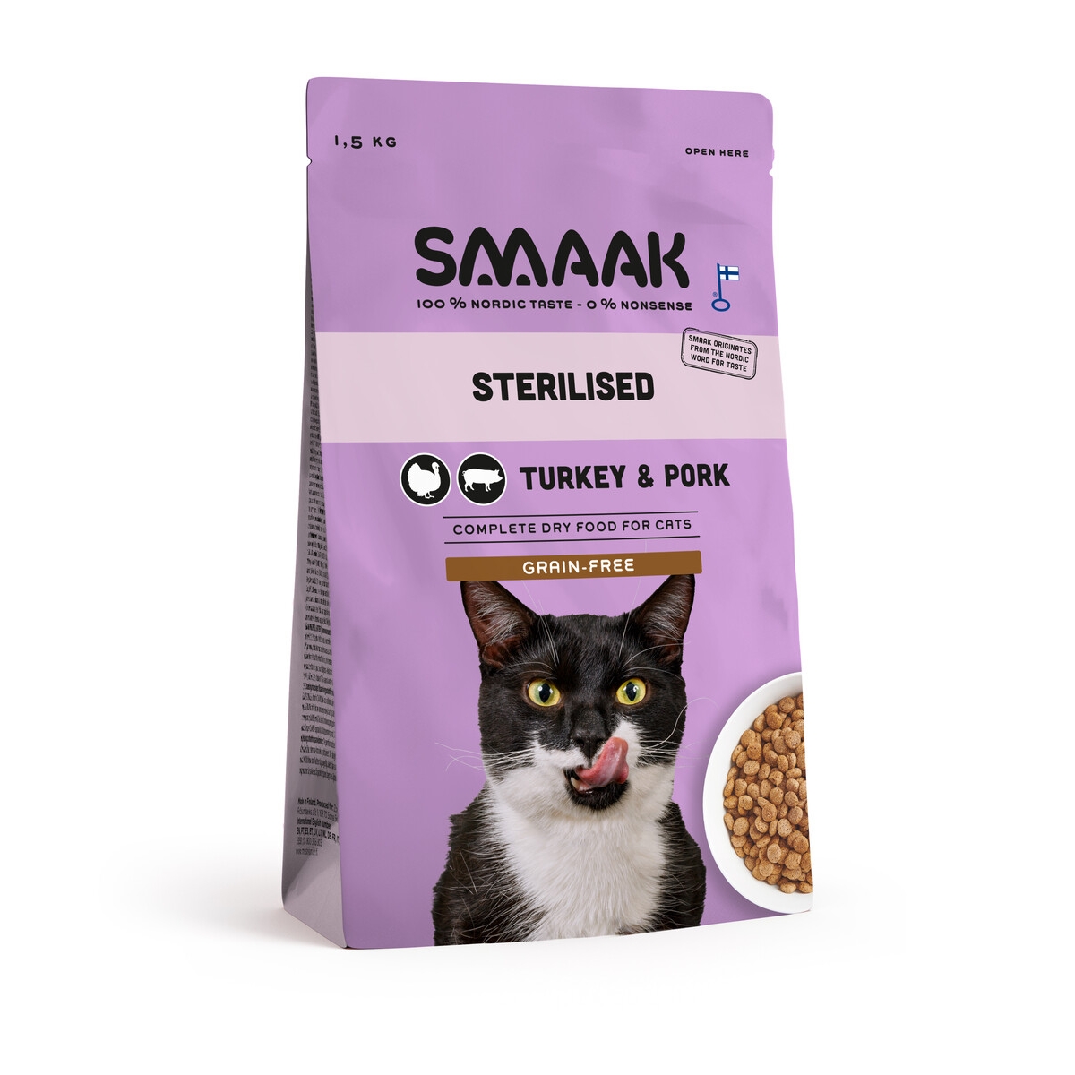 SMAAK sausas maistas sterilizuotoms katėms, begrūdis, 1,5 kg - 