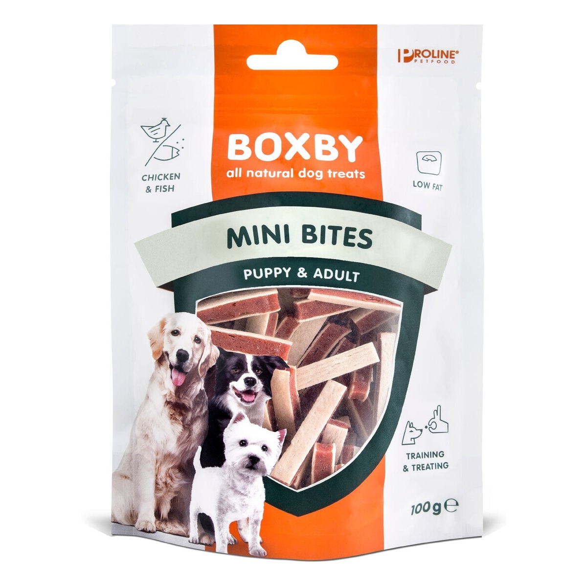 Boxby Mini Bites skanėstai šunims, su vištiena ir žuvimi, 100g - 