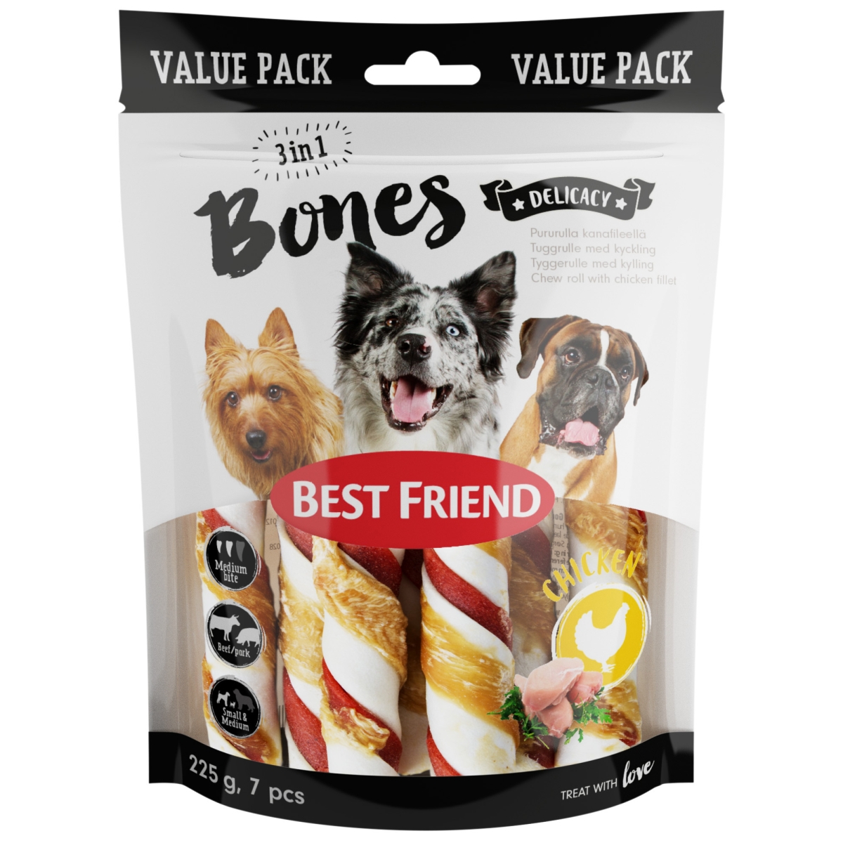 Best Friend šunų užkandis su vištienos filė S/M, 7 X 225 g