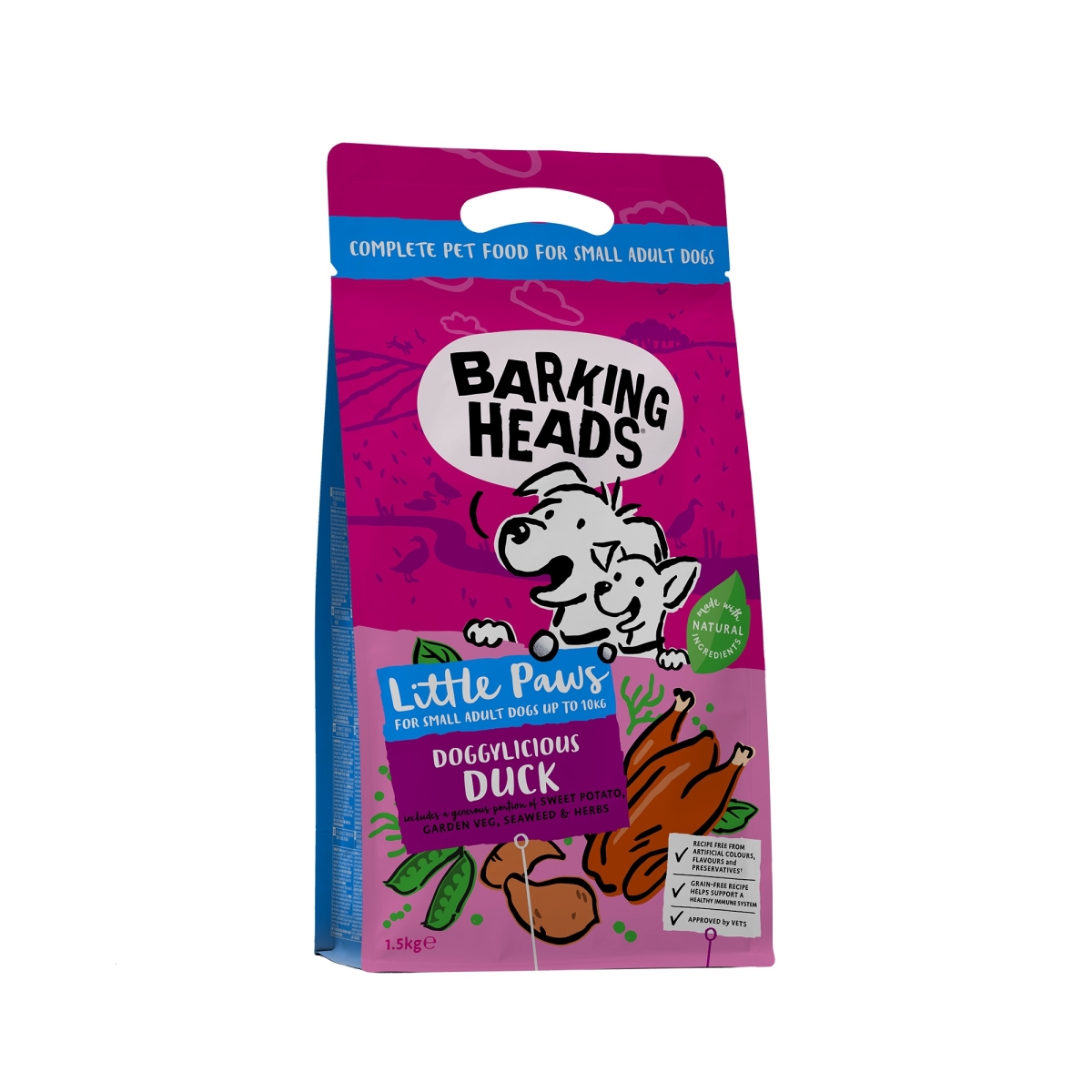 Barking Heads Doggylicious Duck maistas mažų veislių šunims, 1,5 kg