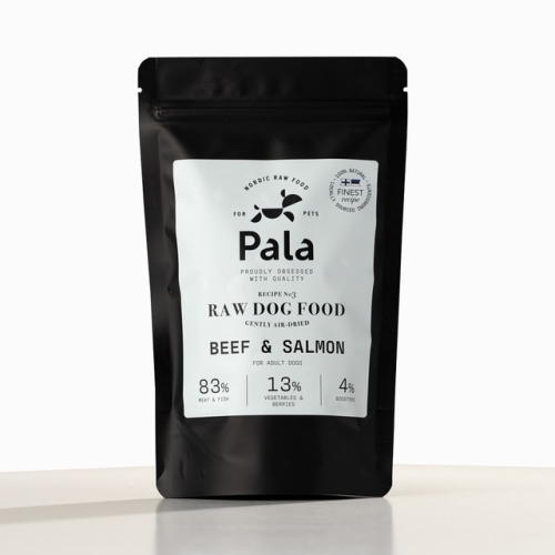 Pala maistas šunims su jautiena ir lašiša. Receptas nr.3, 100 g