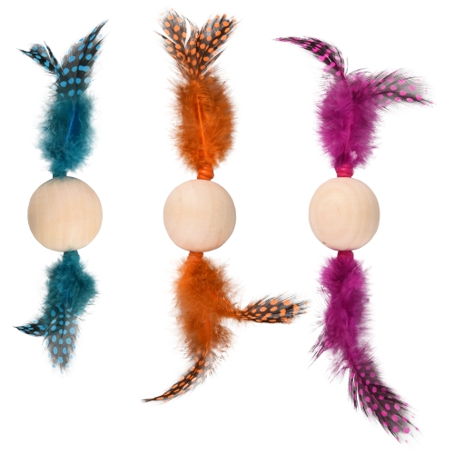 *Flamingo medinis žaislas katėms su plunksnomis, įv.spalvų