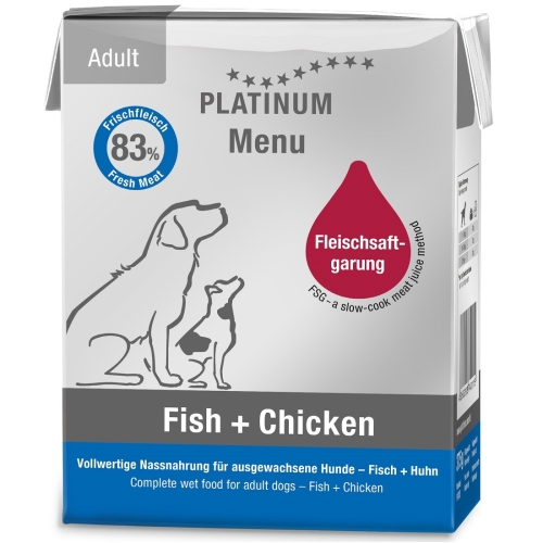 Platinum Menu konservai šunims su žuvimi ir vištiena, 375 g