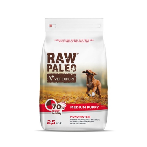 Raw Paleo Puppy Medium sausas maistas šuniukams su jautiena, 2,5 kg