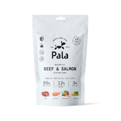 Pala Raw Food maistas šunims su jautiena ir lašiša, 100 g.