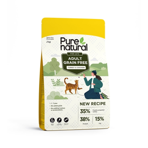 PURENATURAL GRAIN-FREE SAUSAS MAISTAS KATĖMS SU KALAKUTIENA IR VIŠTIENA, 2 KG