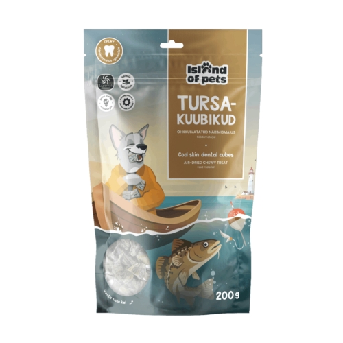 Island Of Pets skanėstai šunims-menkės odos kubeliai, 200 g