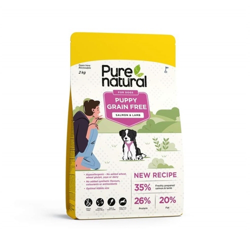 Purenatural begrūdis sausas maistas šuniukams su lašiša/ėriena, 2 kg