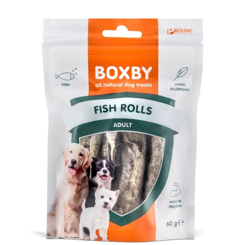Boxby Fish Rolls skanėstai šunims, 100% džiovinta menkės oda, 60g