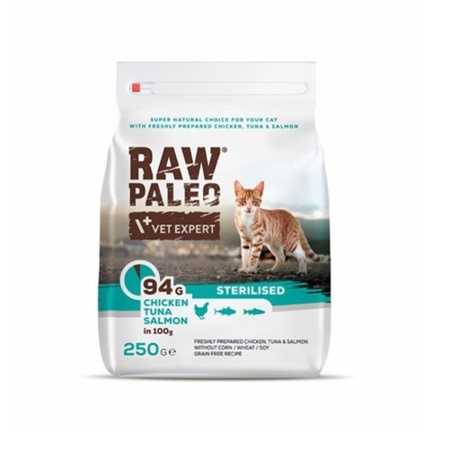 Raw Paleo maistas sterilizuotoms katėms su vištiena ir žuvimi, 250 g