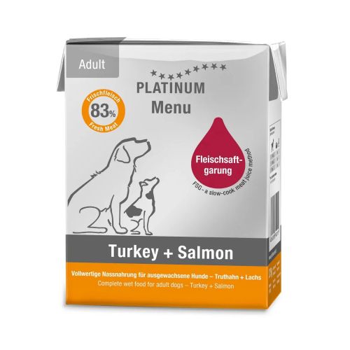 Platinum Menu konservai šunims su kalakutiena ir lašiša, 375 g