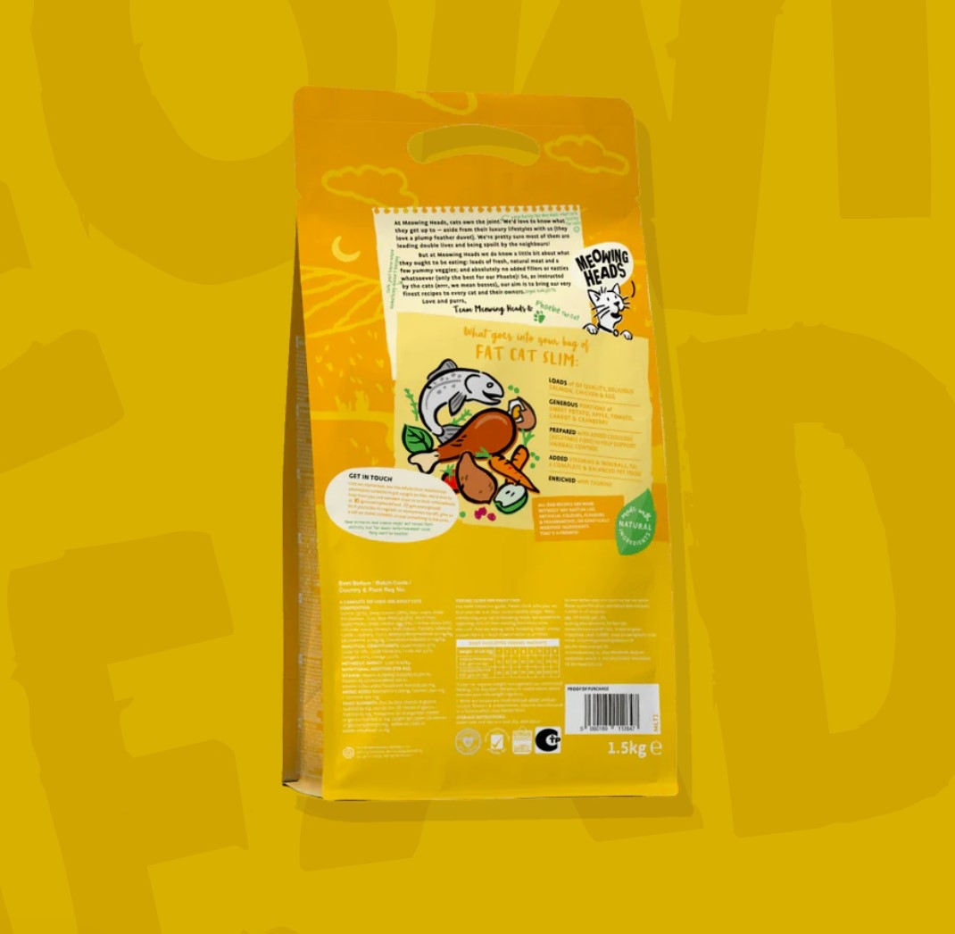 Meowing Heads Fat Cat Slim maistas katėms su lašiša ir vištiena, 1,5kg -  2